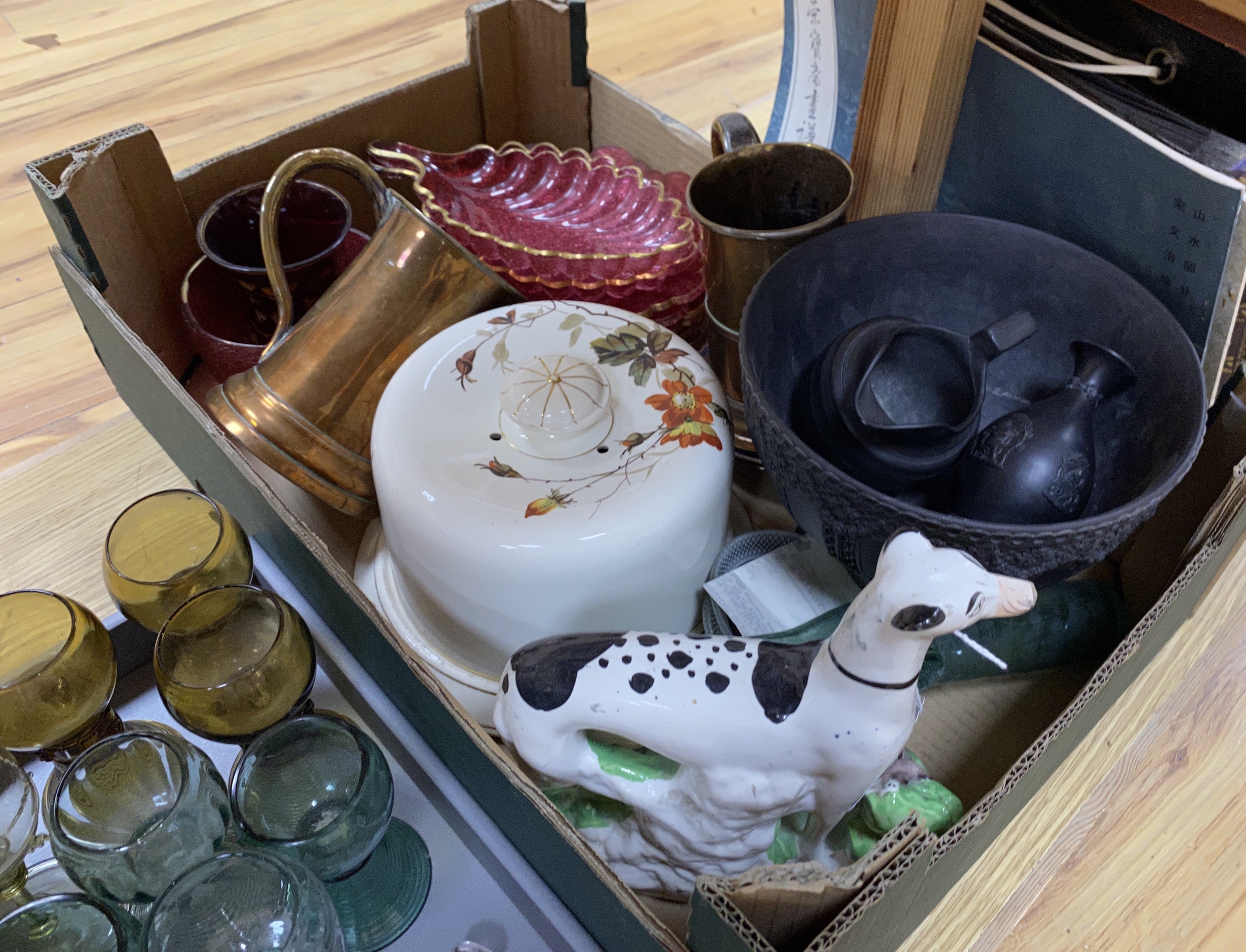 Collection of German hock glasses, Wedgwood basalt bowl jug and vase, cranberry glass, Staffordshire greyhound , a Stilton dish and two copper tankards etc, the largest 18cm high